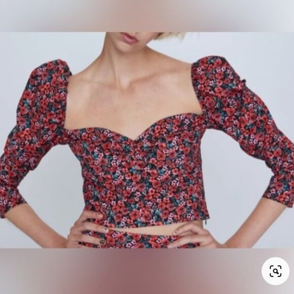 Zara Tops - Zara | Red Floral Print Puff Sleeve Long Sleeve Blouse Size Medium